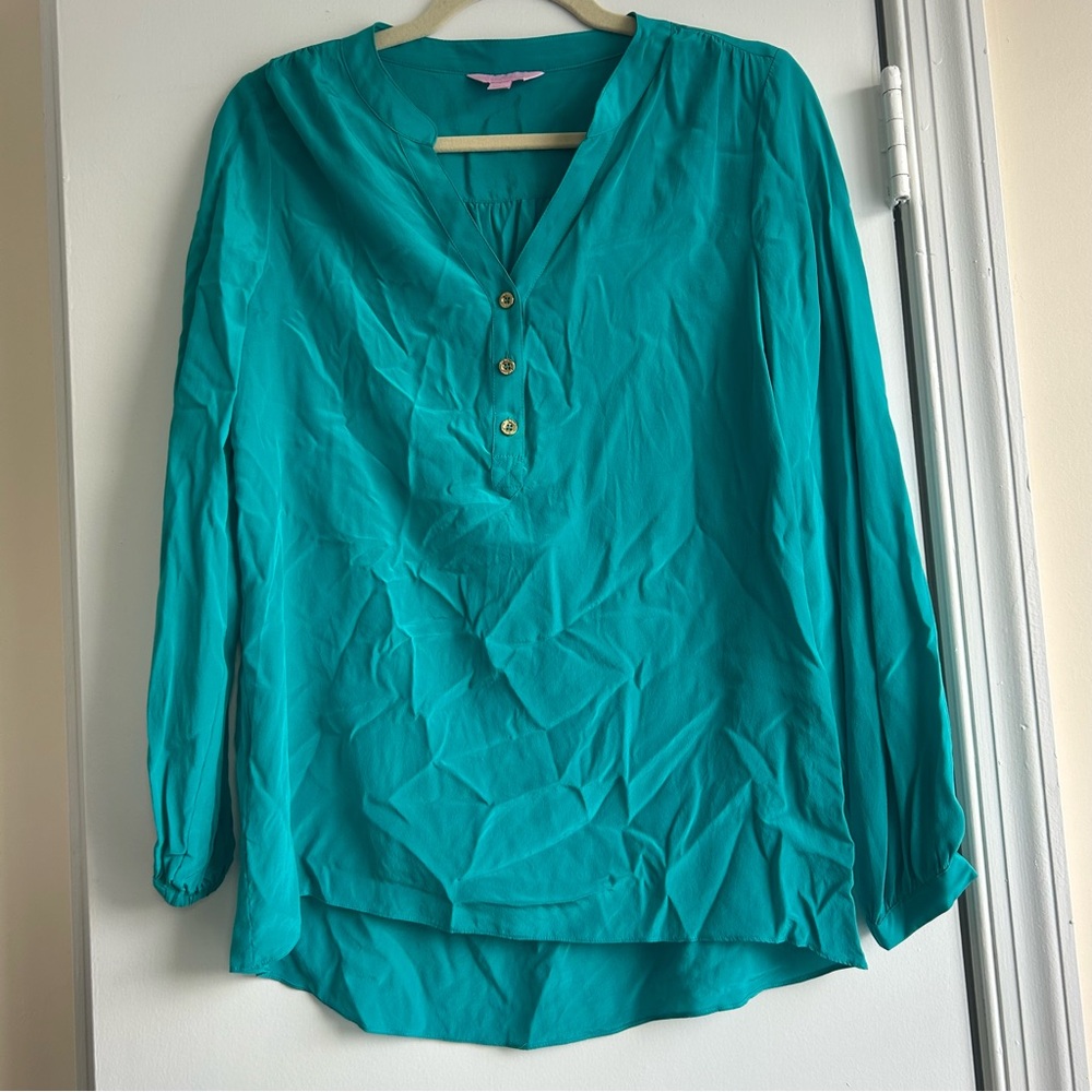 Lilly Pulitzer Elsa Silk Top Size S Long Sleeve Teal Blue Turquoise Preppy